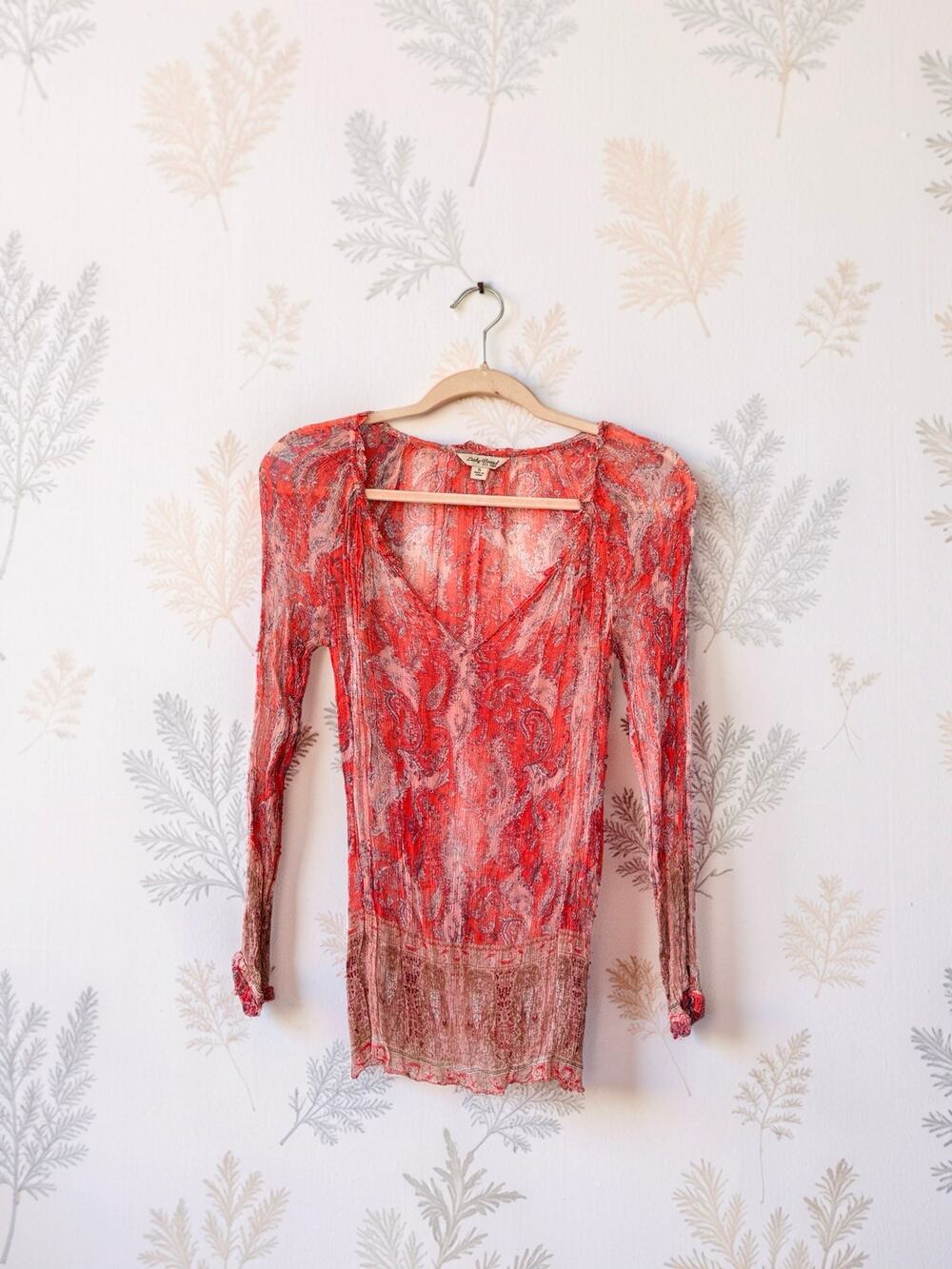 Lucky Brand Sheer Paisley Top Womens Small Red Pink Long Sleeve Boho Y2K Blouse